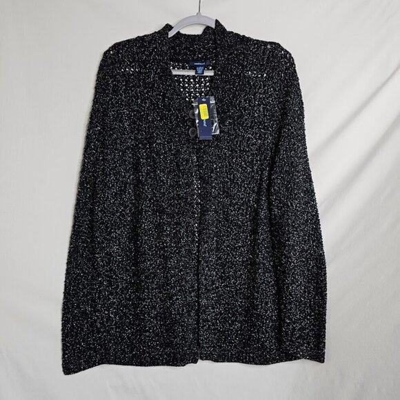 NWT WESTBOUND Open Knit Cardigan Sweater Top BLACK & SILVER size L Buttons Cozy - Picture 2 of 8